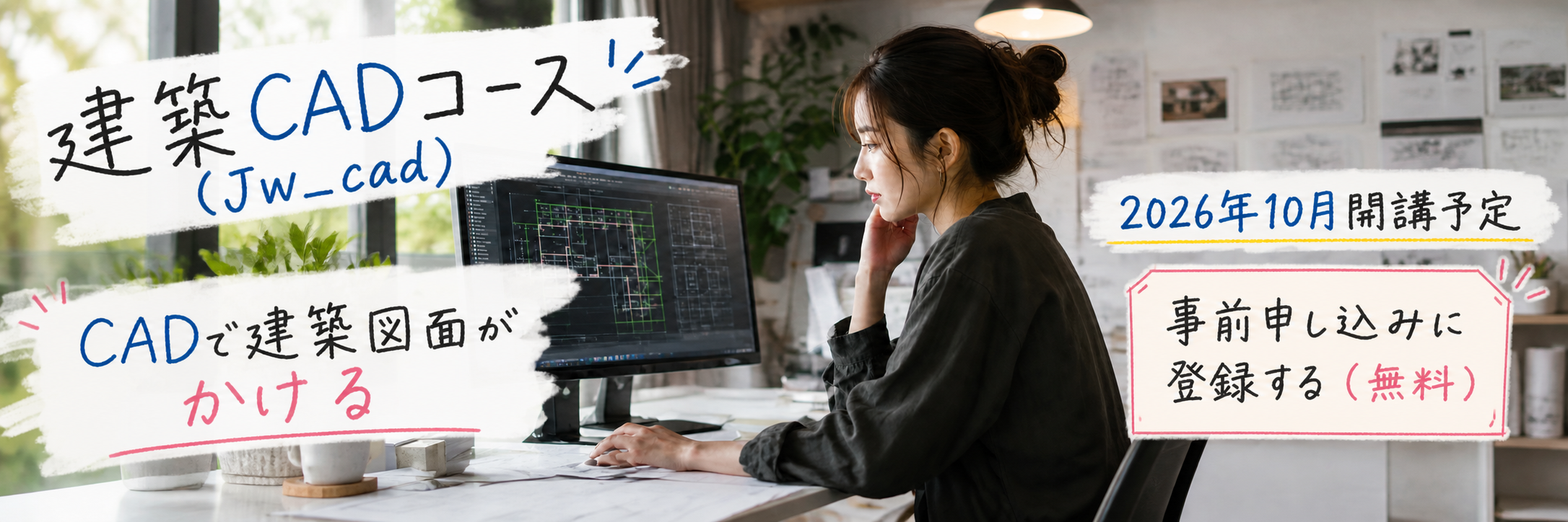 建築CADコース（Jw_cad）のバナー。「CADで建築図面がかける」2026年10月開講予定。